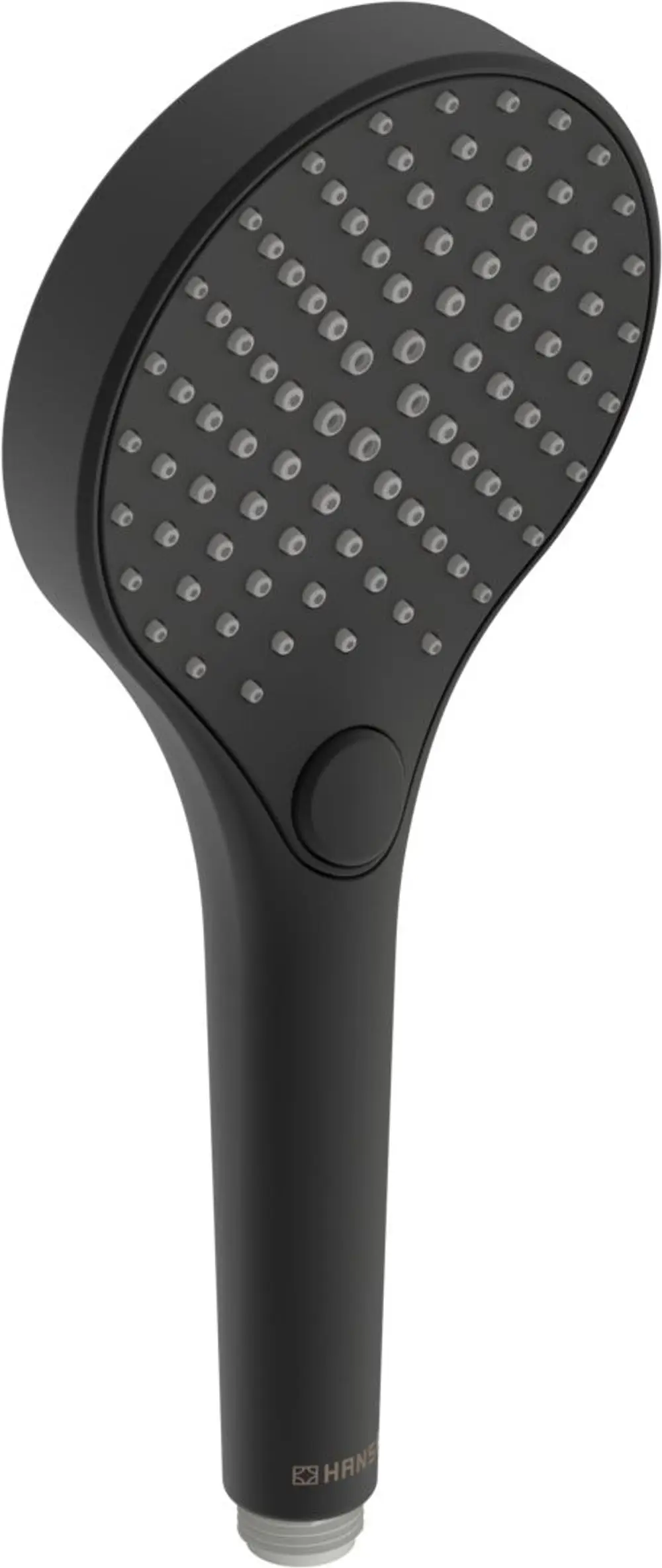 Handbrause in mattschwarzer Ausführung von HANSA, runde Kopfteil mit mehreren Duschdüsen, ergonomischer Griff, Anschlussstelle für Wasserleitung am Ende des Griffs.